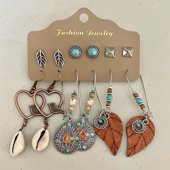Boho Leaf Shells Feathers Birds Earring Set - Picture 1 of 5